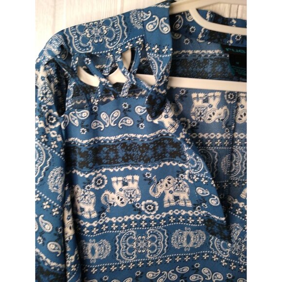 Rue 21 Womens Plus 1X Elephant Paisley Tunic Blouse Blue Roll Tab Sleeve Strappy - Picture 2 of 5